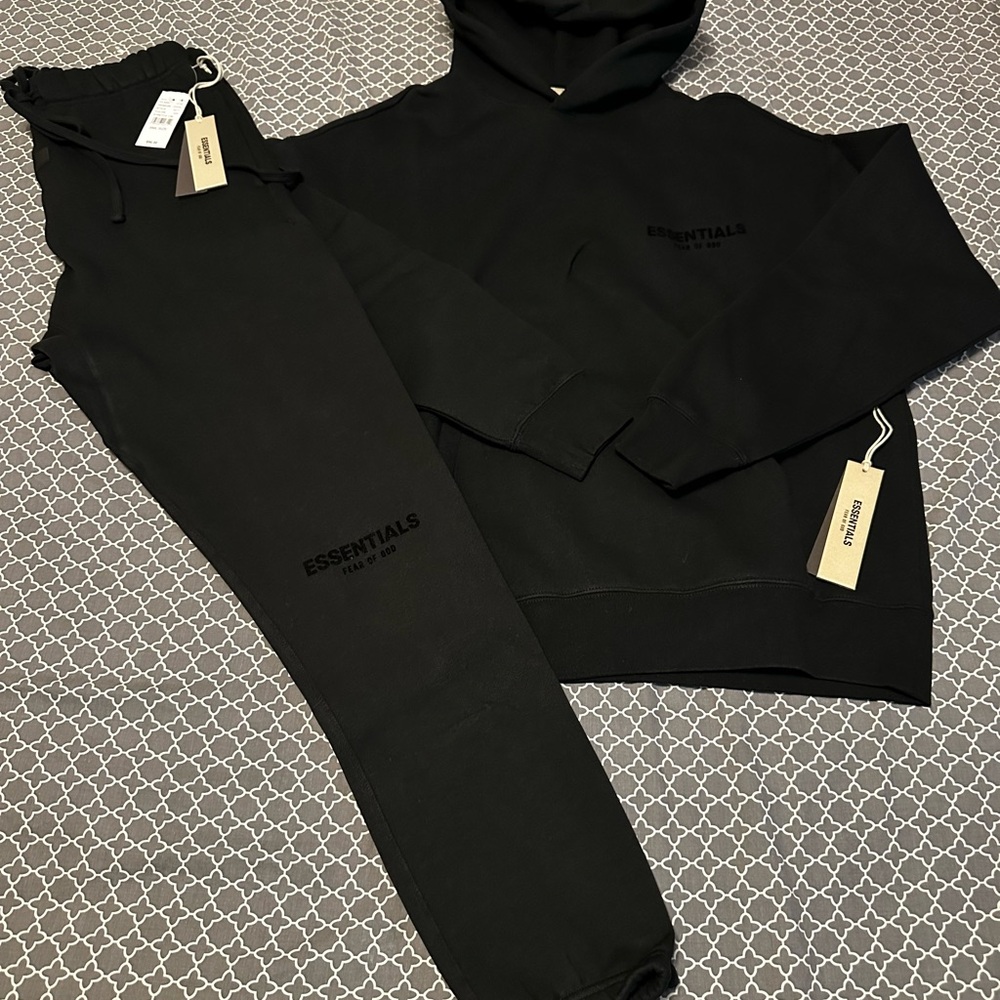 NEW Fear of God Essentials Set Hoodie & Sweatpant Stretch Limo Black Size XS